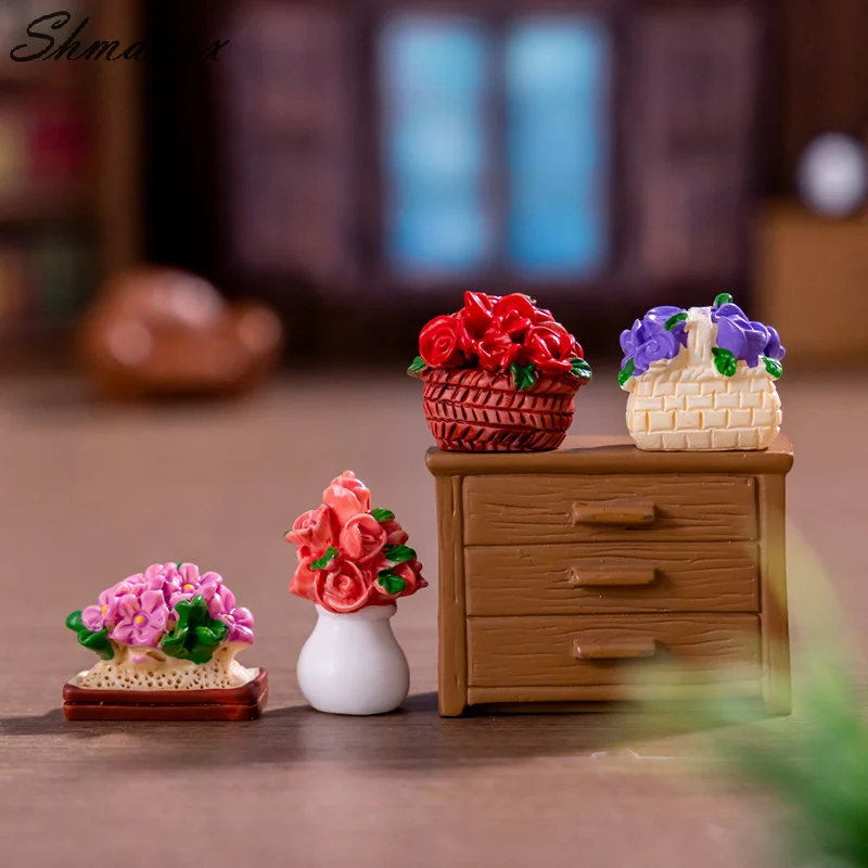 1PC Desktop Car Decoration 1/12 Dollhouse Minature Plant Rose Tulip Flower Pot Furniture Models Home Decors DIY Accessories