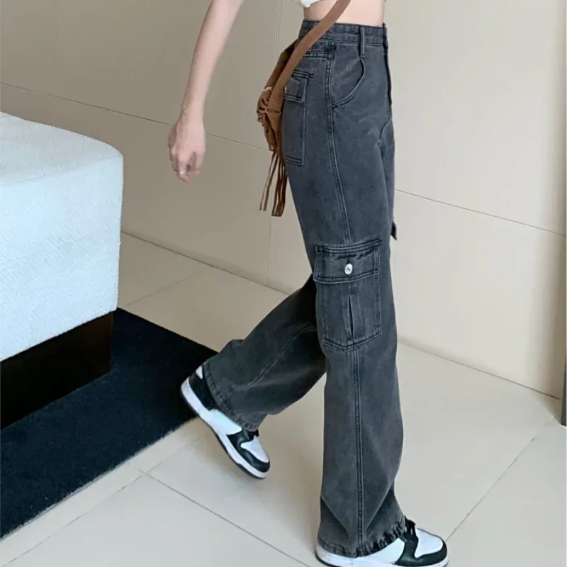 

High Waist Shot Gray Straight Leg Women's Jeans Cargo Trousers with Pockets Pants for Woman Retro Fashion Casual Pant Trend 2024