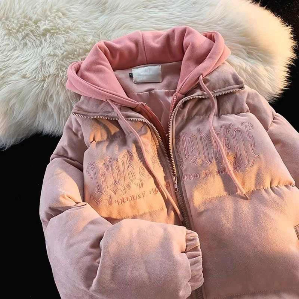 Cotton Jackets for Women Korean Style All-Matched Oversized Fake Two Pieces Coats Letter Embroidery Fashion Thick Hooded Jacket