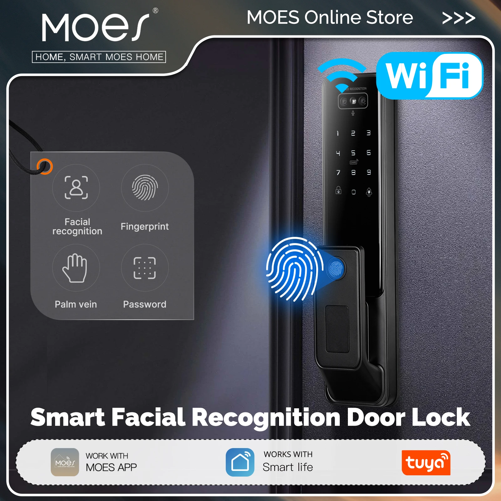 

MOES Tuya WiFi Smart Door Lock Facial Palm Vein Recognition Remote Fingerprint Password IC Card Unlock Indoor Battery Powered