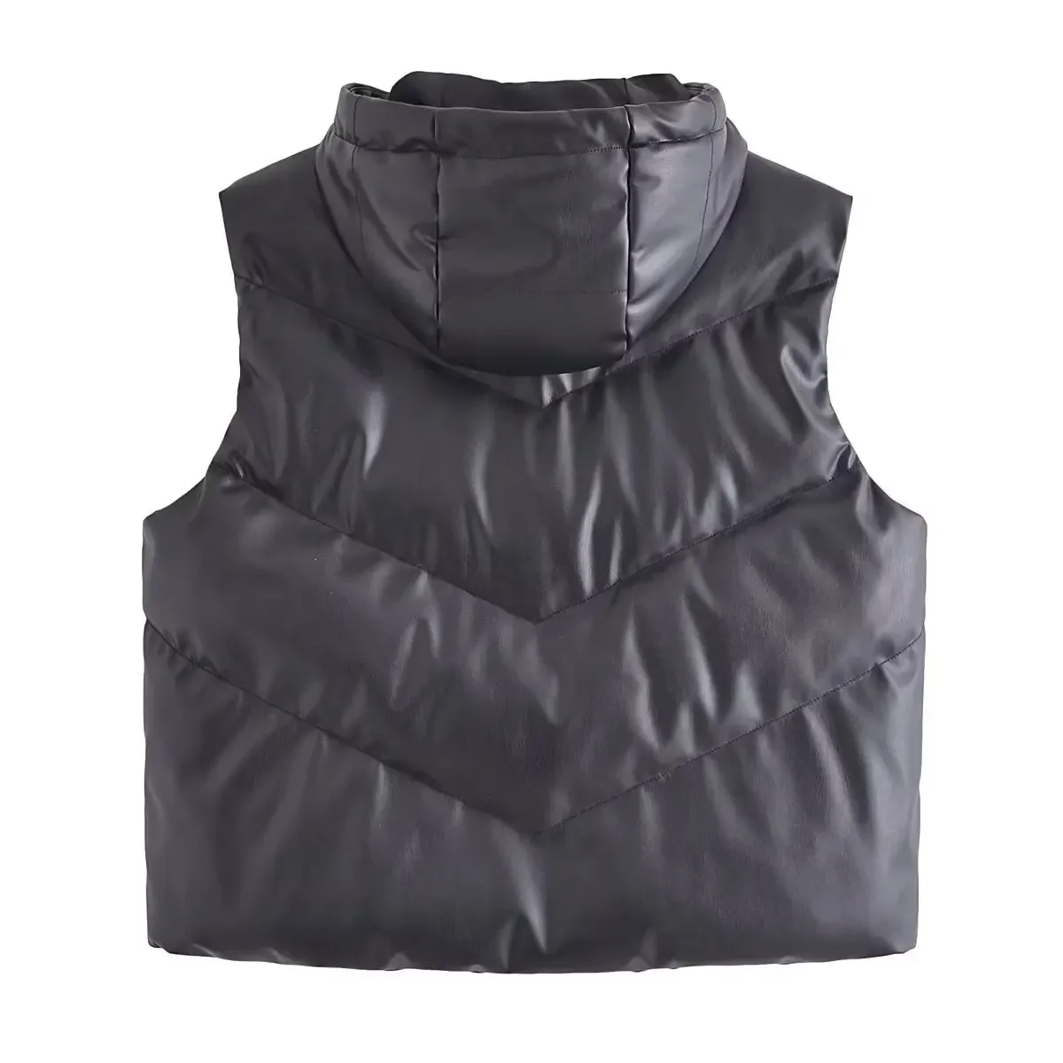 Women's new fashion side pocket casual black faux leather hooded Cotton vest retro sleeveless button up women's vest chic top