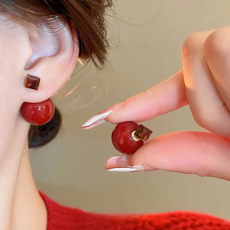 LENNIK Pendientes redondos cuadrados con incrustaciones de diamantes y aguja de plata, un pendiente simple de dos usos, pendientes de temperamento de moda