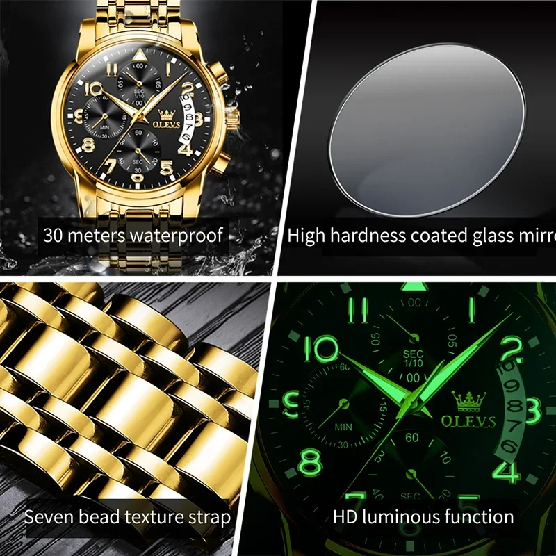 Olevs 2879 luxury gold wristwatches strap 30m waterproof quartz watch fashion multifunctional chronograph watch luminous hands