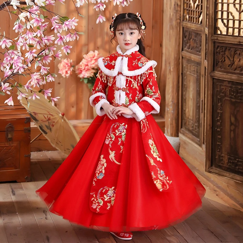 

Girls Chinese Style Winter Set of New Year's Eve Dress Girls New Year Child Skirt Children's Winter Thickened Cotton Hanfu Skirt