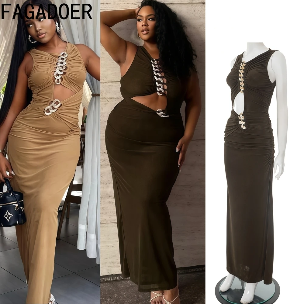 

FAGADOER Sexy Hollow Out Bodycon Long Dress Women Sleeveless Backless Ruched Patchwork Dresses Female Streetwear Vestidos New
