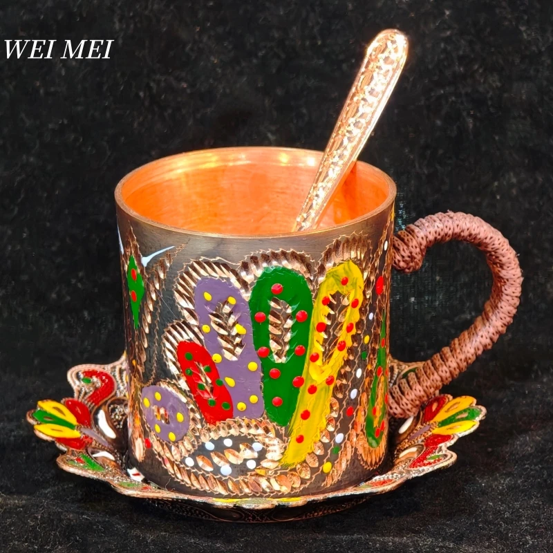 Taza de café pintada con estampado tallado a mano de cobre puro, mango tejido con vajilla de taza de jugo de regalo de arte único de estilo Vintage