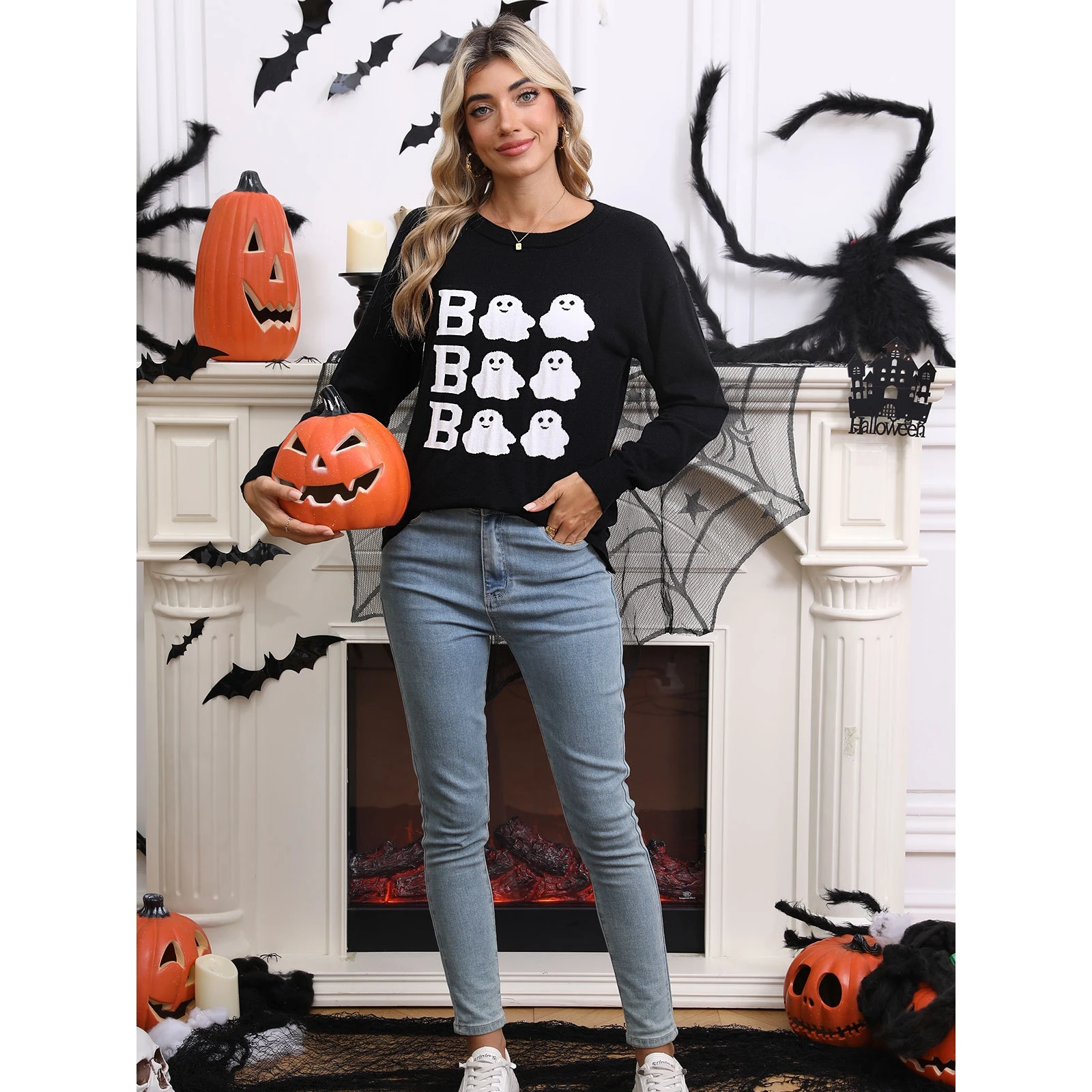 سترة متماسكة مطرزة بموضوع الهالوين سترة كاجوال مستديرة Ne Long Sve سترة نسائية مريحة للترفيه #5