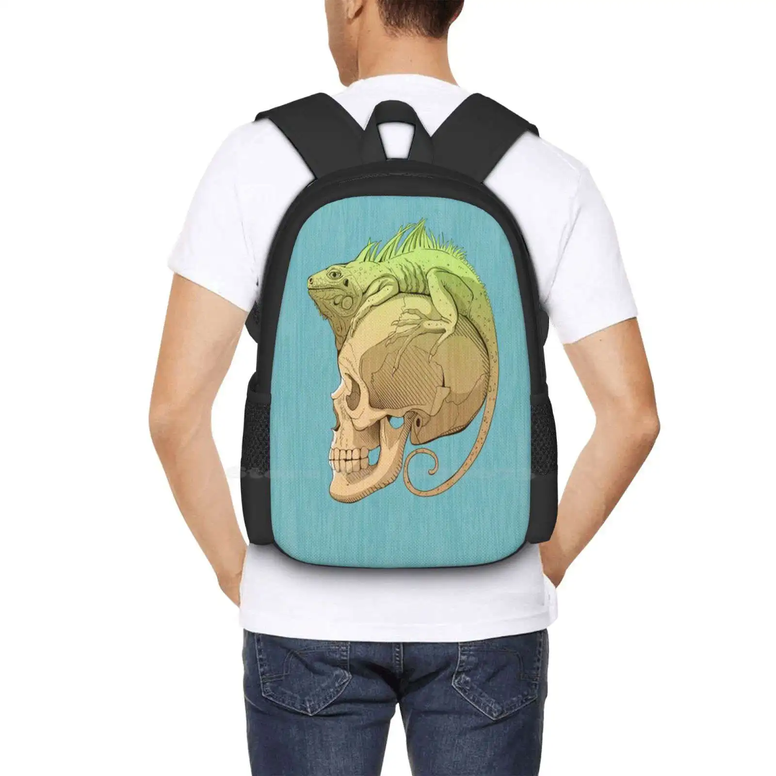 Colorful Illustration With Iguana And Skull School Bags For Teenage Girls Laptop Travel Bags Iguana Skull Lizard Halloween