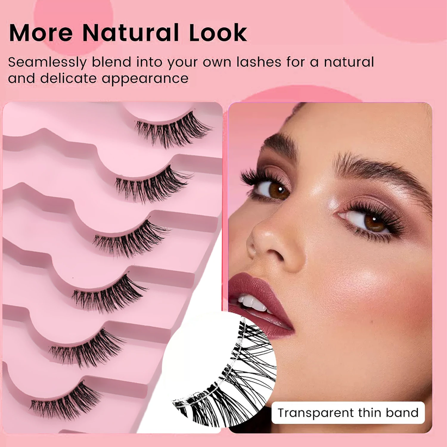 7 Paar Cat-Eye-Halbwimpern, natürlicher Look, zarte künstliche Nerzwimpern, weiches, transparentes Band, unsichtbar, leicht, wiederverwendbar, Fox-Eye-Effekt – Detail 3