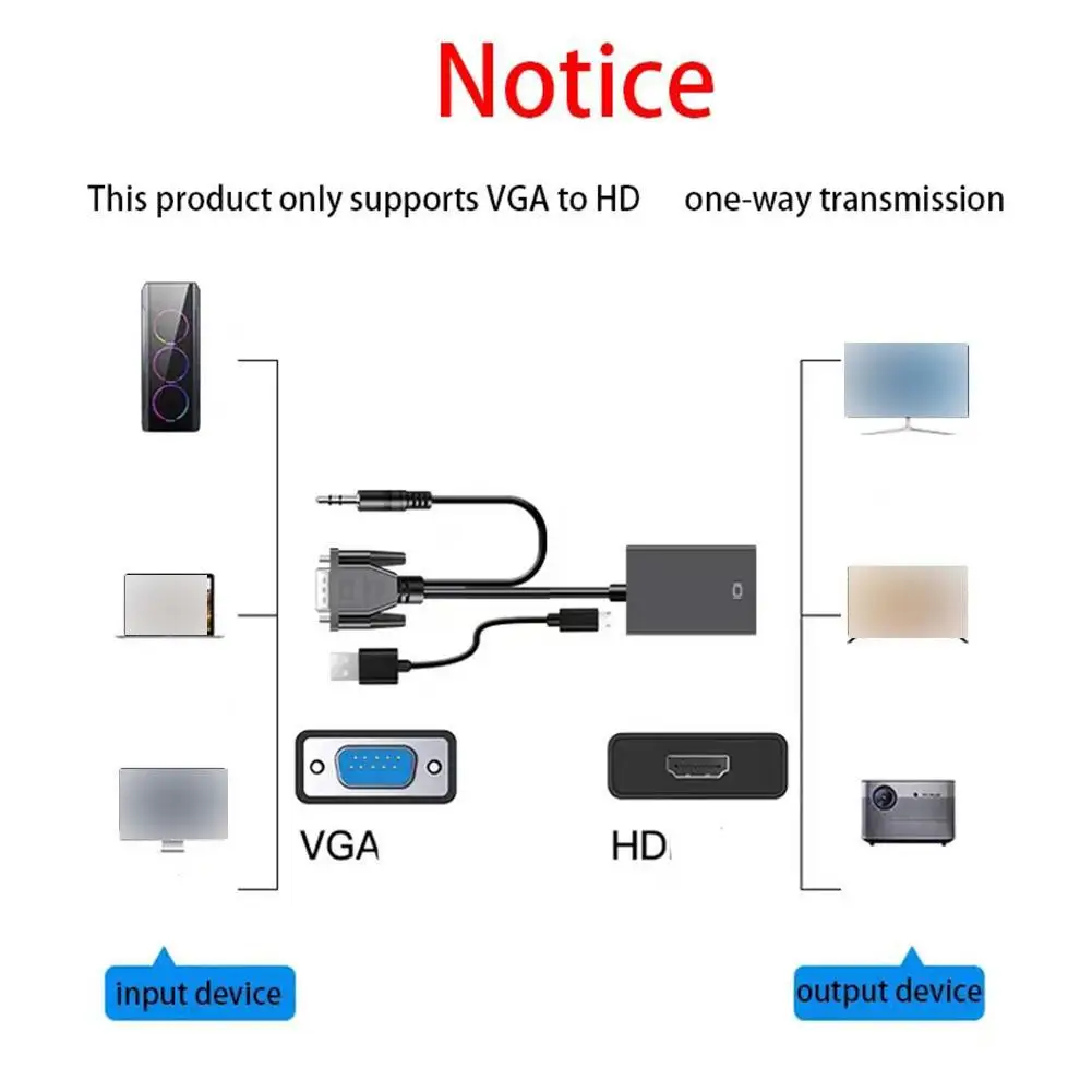 VGA para HDMI-compatível conversor cabo adaptador com saída de áudio, 1080P Full HD, apto para PC, projetor portátil