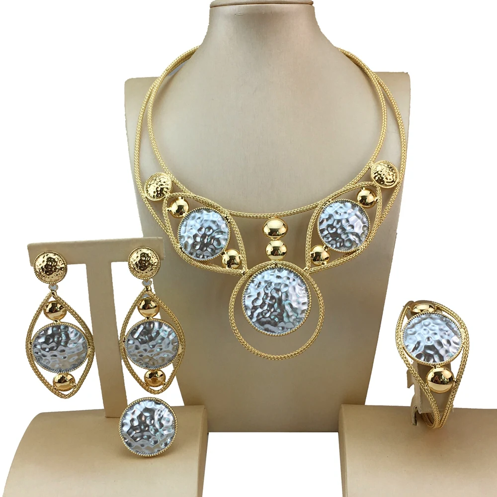 Latest Brazilian Simple Style African Bride Light Weight Gold Color Necklace Latest Luxury Jewelry Set For Women Party FHK19286