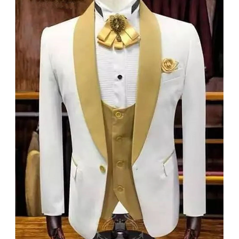 

White and Gold Wedding Tuxedo for Groomsmen with Shawl Lapel Smoking Men Suits 3 Piece Male Fashion Set Jacket Vest with Pants