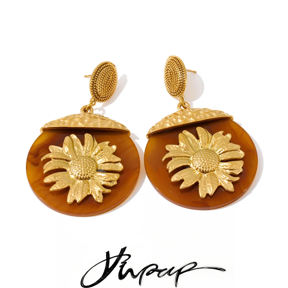 Ypup New Resin Acrylic Round Sun Flower Drop Dangle Earrings Golden Stainless Steel Autumn Winter Style Jewelry Waterproof Gift