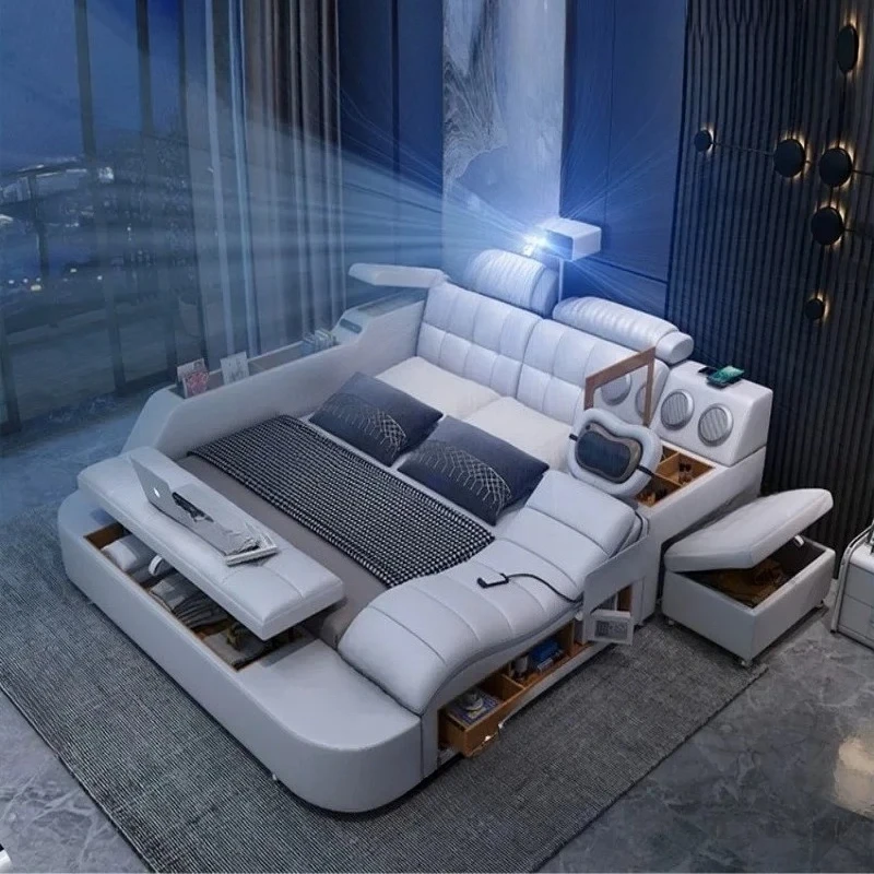 

Умная кожаная кровать, 1.8м, мебель для спальни, массажная кровать с местом для хранения, современная простая мягкая двуспальная кровать со стереосистемой