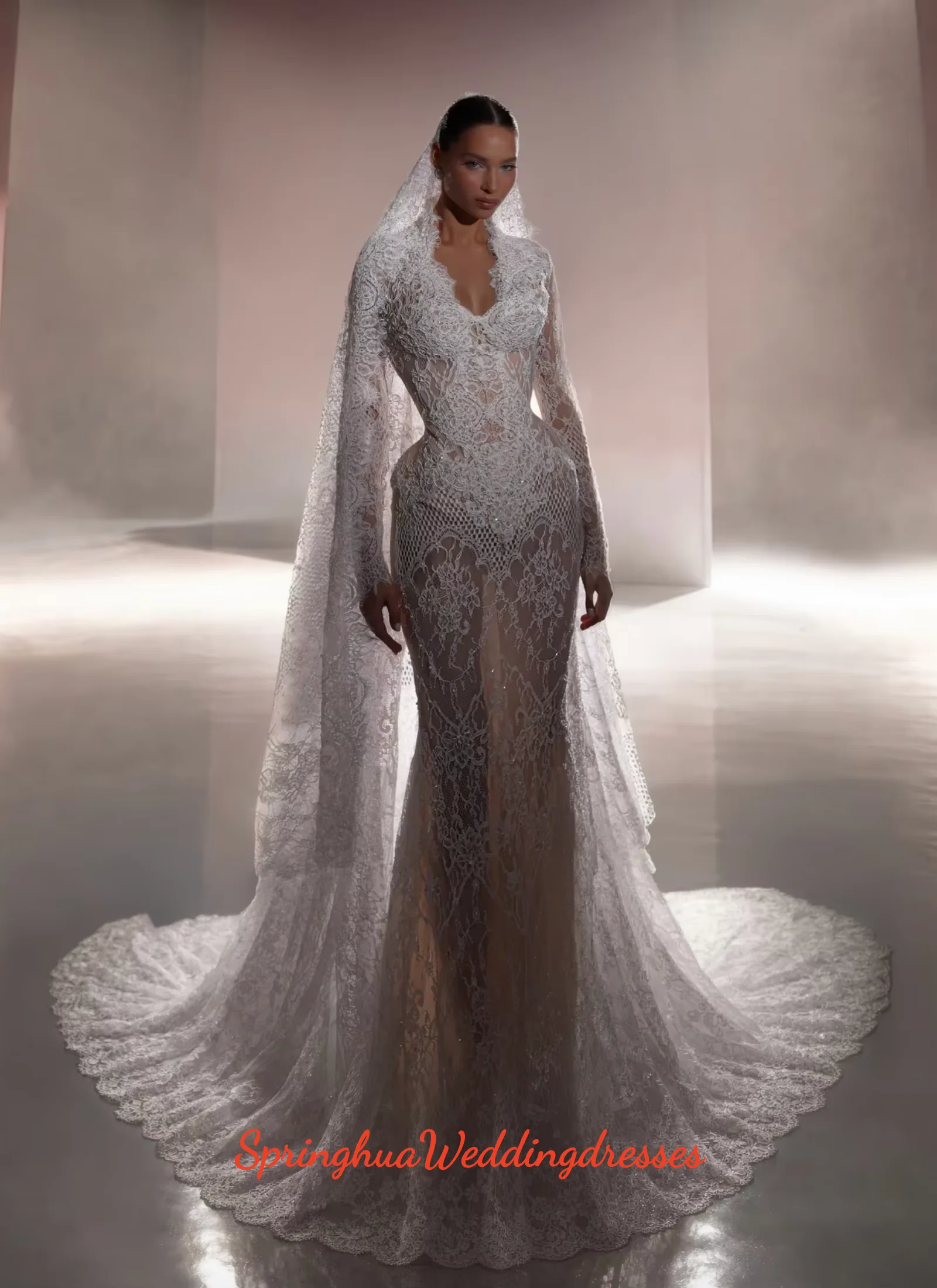 Vestidos de Novia Personalizados de Lujo, Vestidos de Novia Desmontables 2 en 1, Vestido de Encaje con Cola de Sirena, Manga Larga, Vestido Corset para Boda