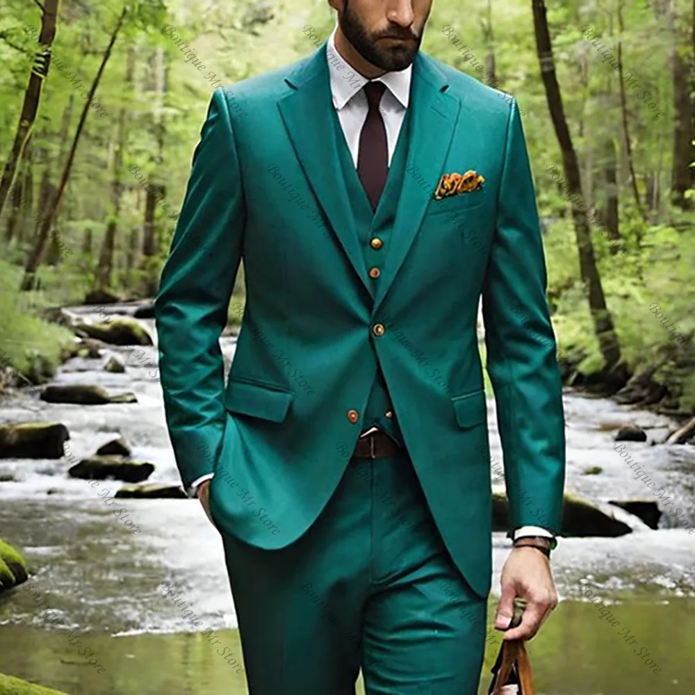 

Classic Green Men Suit Single-breasted Peak Lapel 3 Pieces(Jacket+Pants+Vest) Male Formal Wedding Party Set