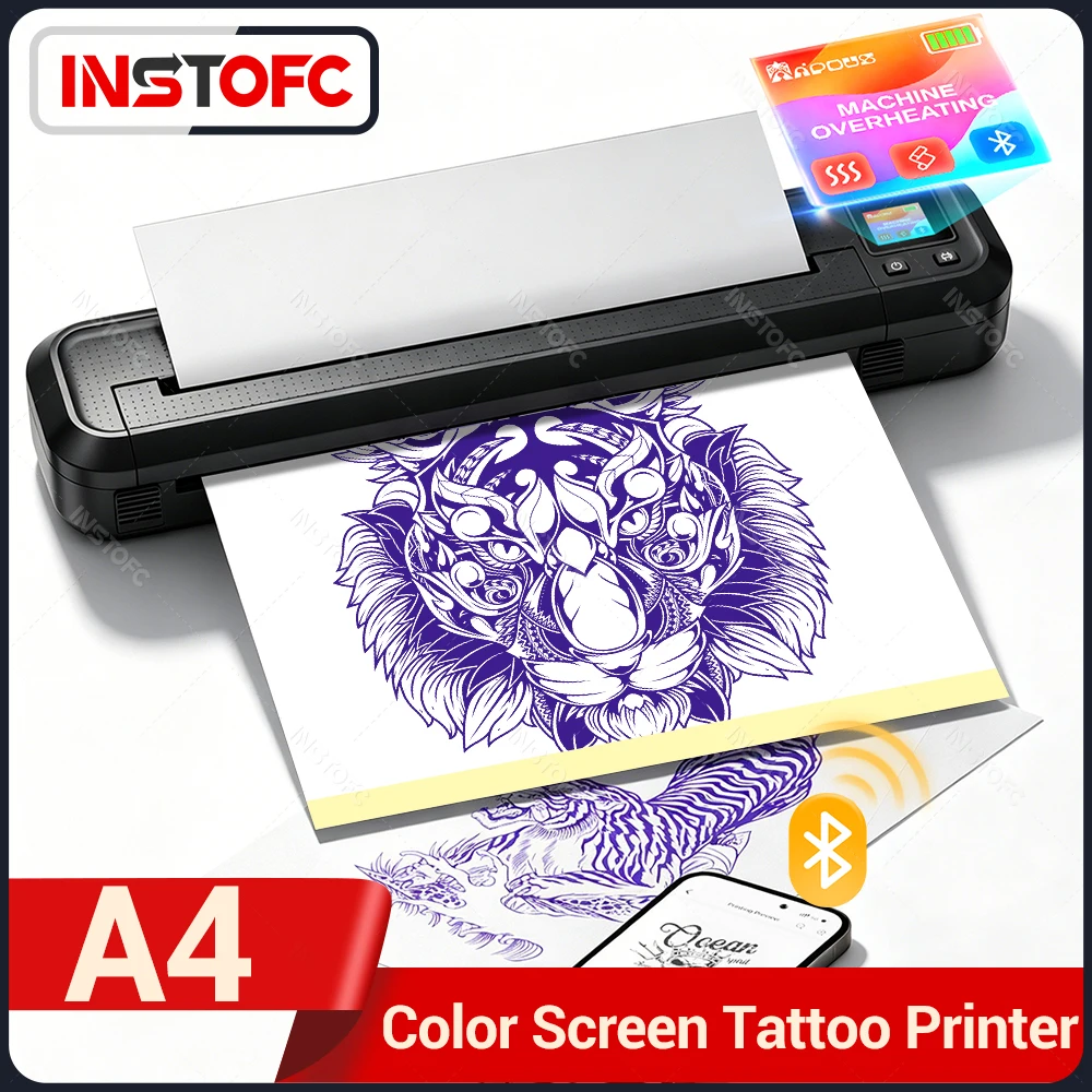 A4 Thermal Printer with Screen and Free app Bluetooth Mobile Mini Tattoo Senticl Transfer Printer Machine or Tattoo Papers