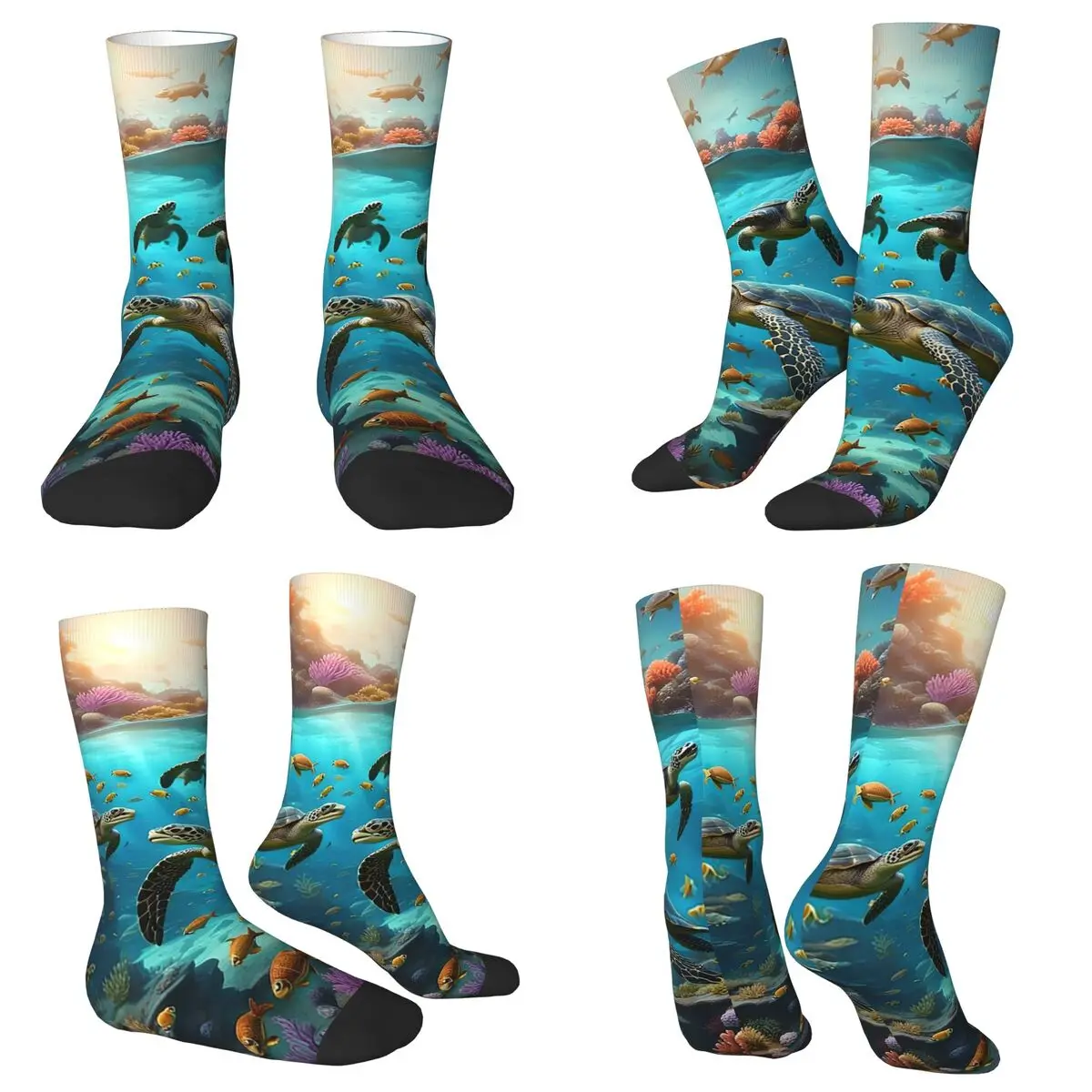 All Seasons Crew Stockings Deep Sea Turtle Underwater World Socks Harajuku Long Socks for Men Women Valentine's Day Gifts
