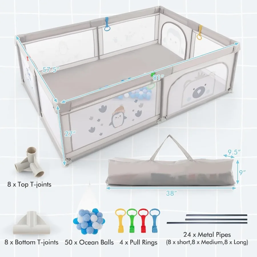 Baby Playpen 81 x 57.5 Extra Large Baby Gate Playpen w/ 50 Ocean Balls Indoor and Outdoor Safety Play Yard Baby Fence w/Breatha