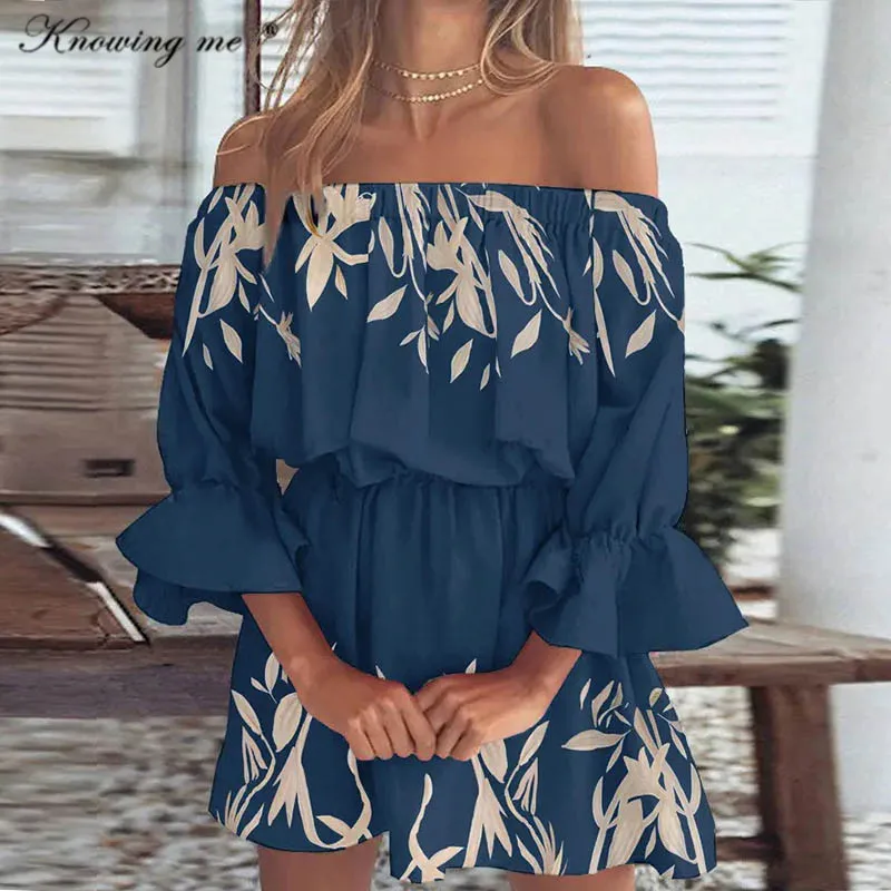 

Summer Leaf print Slash neck Mini Dress women sexy Off shoulder half sleeve party dress Lady casual boho beach dress