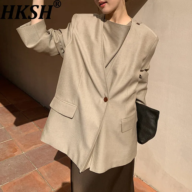 

HKSH Spring Autumn New Women Blazer Solid Color Single Button Long Sleeve Niche Design Elegant French Office Lady Jacket HK12629
