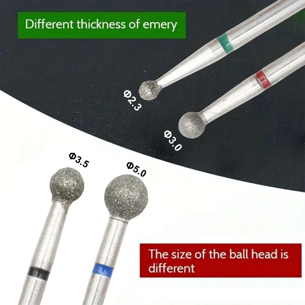 작은 볼 다이아몬드 네일 드릴 비트, 전동 매니큐어 드릴, 밀링 커터 키트, 페디큐어 파일, 젤 폴, 2.3mm, 3.0mm, 3.5mm, 5mm, 세트당 4 개