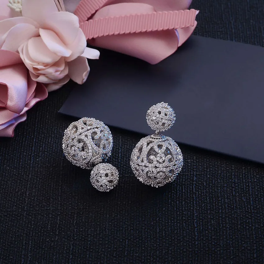 Korean Fashion Full Micro Zircon Pave Double Sided Hollow Balls Jacket Earrings for Women Trendy Costume Jewelry Pendiente Mujer