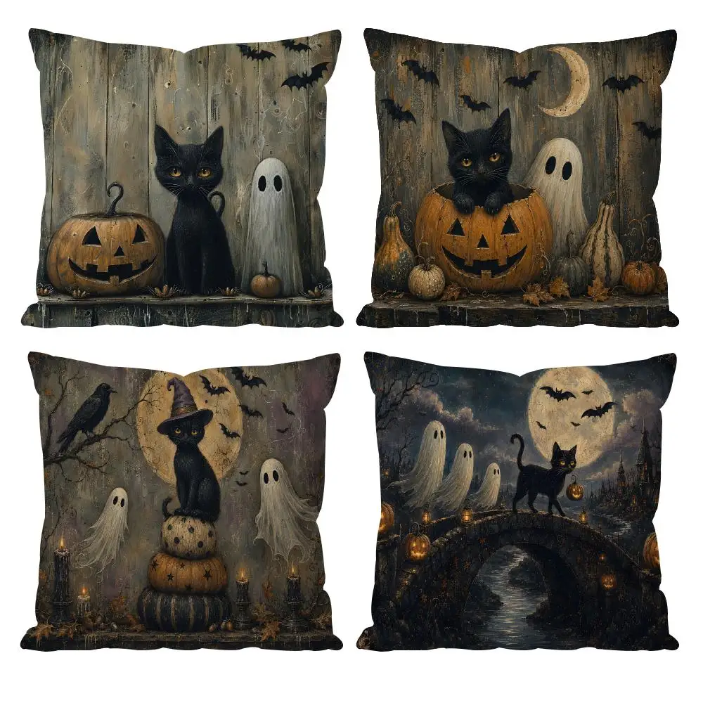 Halloween Black Cat Ghost Pumpkin Cushion Cover Double-Sided Plush Sofa Cushion Covers Organic Breathable Invisible Zipper