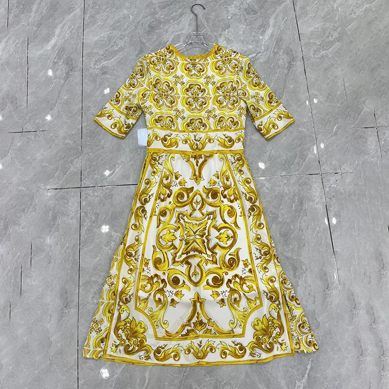 1:1D0cle* 2024ss Women\'s Premium Textured Dresses Yellow Printed Dress Half Sleeve Midi Luxury Midi Elegant Dresses Ladies
