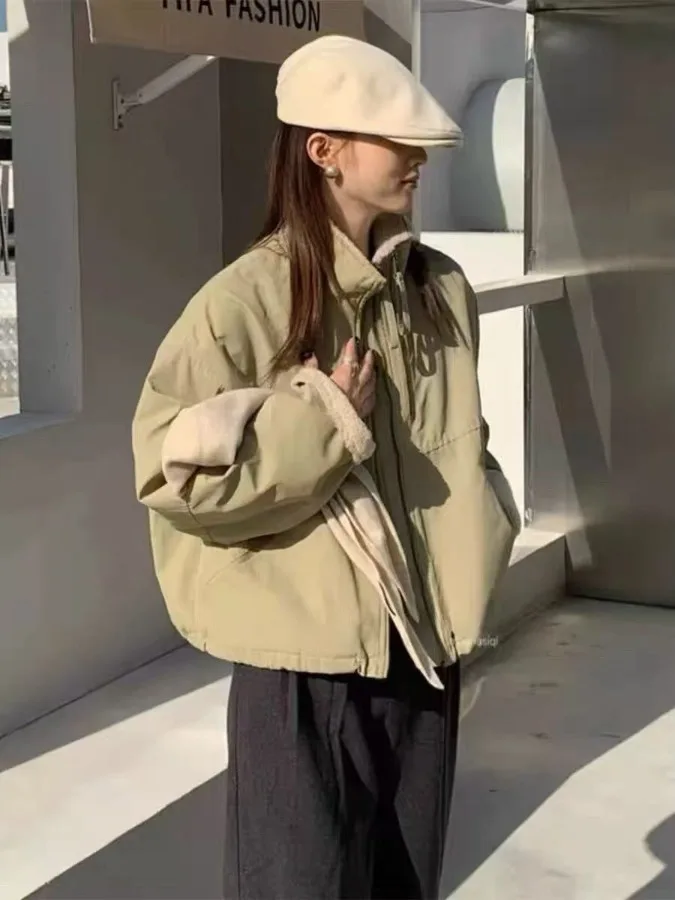 

Корейская утепленная куртка из флиса, повседневная свободная теплая хлопковая рабочая одежда для женщин, весенняя новинка, куртка с воротником-стойкой