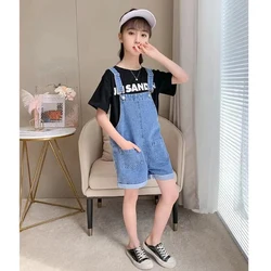 Nieuwe Zomer Meisjes Casual Overalls Koreaanse Stijl Modieuze Losse Denim Overalls Shorts Medium Grote Kinder Denim Shorts