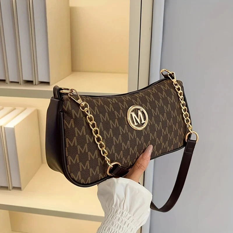 Vintage Underarm Bag for Teenager Letter Print Crossbody Small Square Bag with Chain Shoulder Handbag Adjustable Crossbody Strap