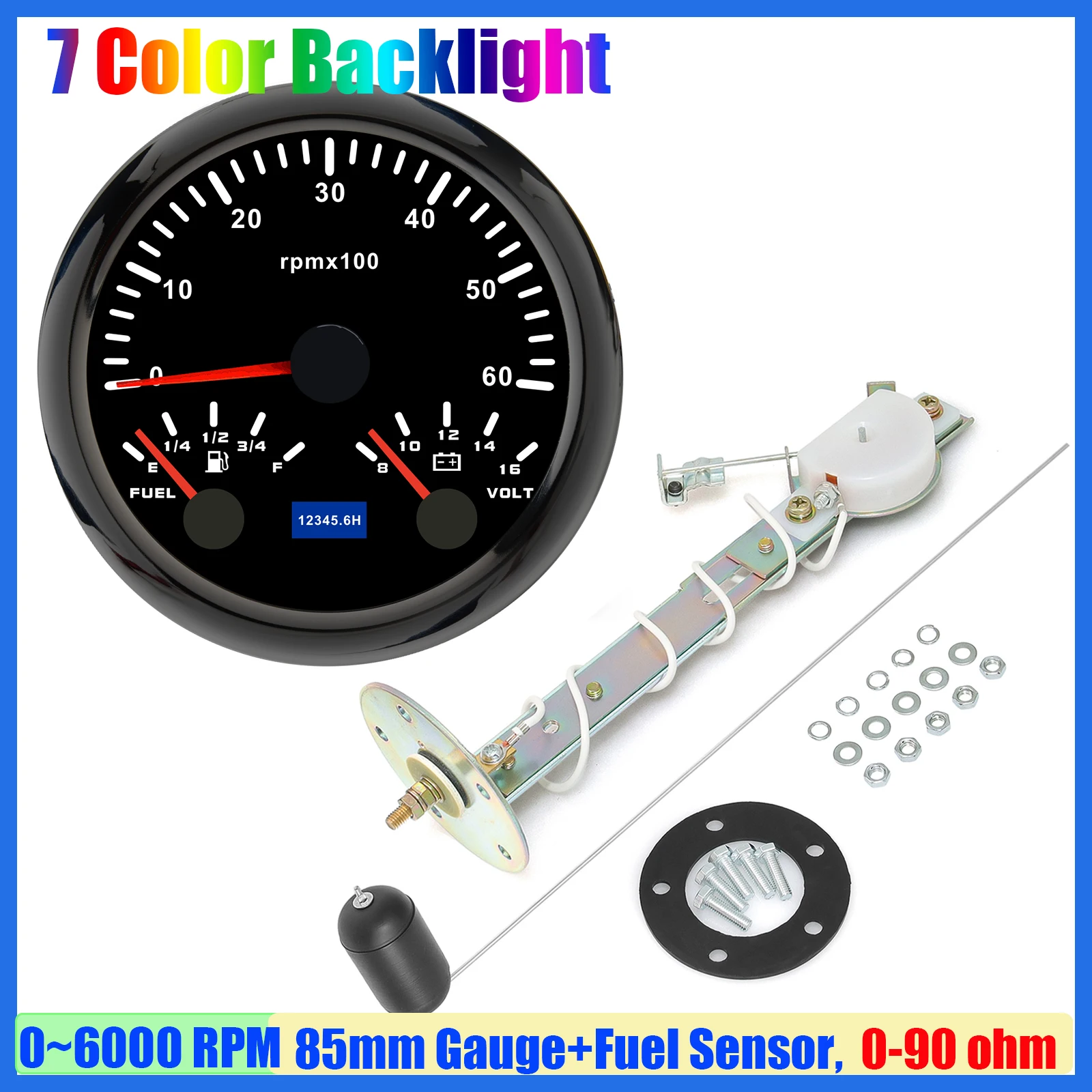 

3 IN 1 Mulit-Meter 7 Color Light 85mm Tachometer+Fuel Level Gauge+Voltmeter with Fuel Level Sensor 0-90 ohm for Car Boat Yacht