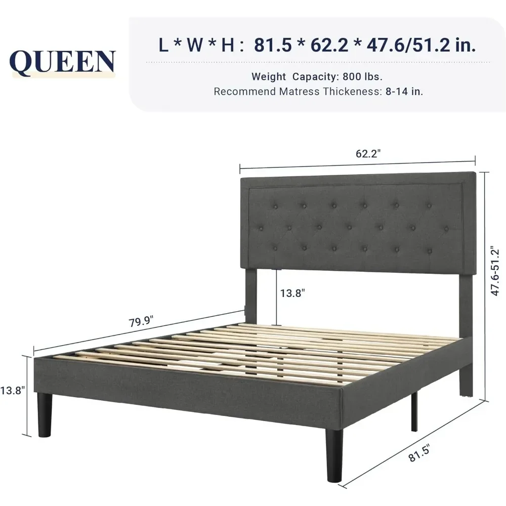 Queen Size Button Tufted Platform Bed Frame/Fabric Upholstered Bed Frame with Adjustable Headboard/Wood Slat