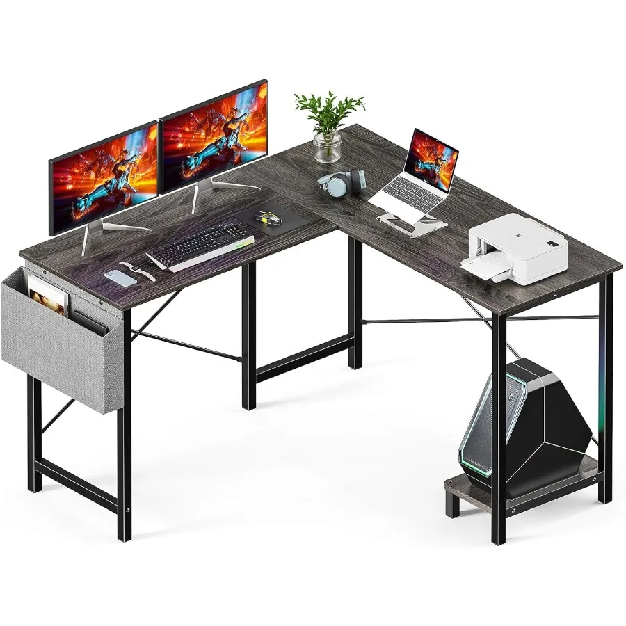 

L Shaped Desk Computer Gaming Corner Table 50 Inch Home Office Writing Student Work PC Workstation with Side Storage Bag CPU St
