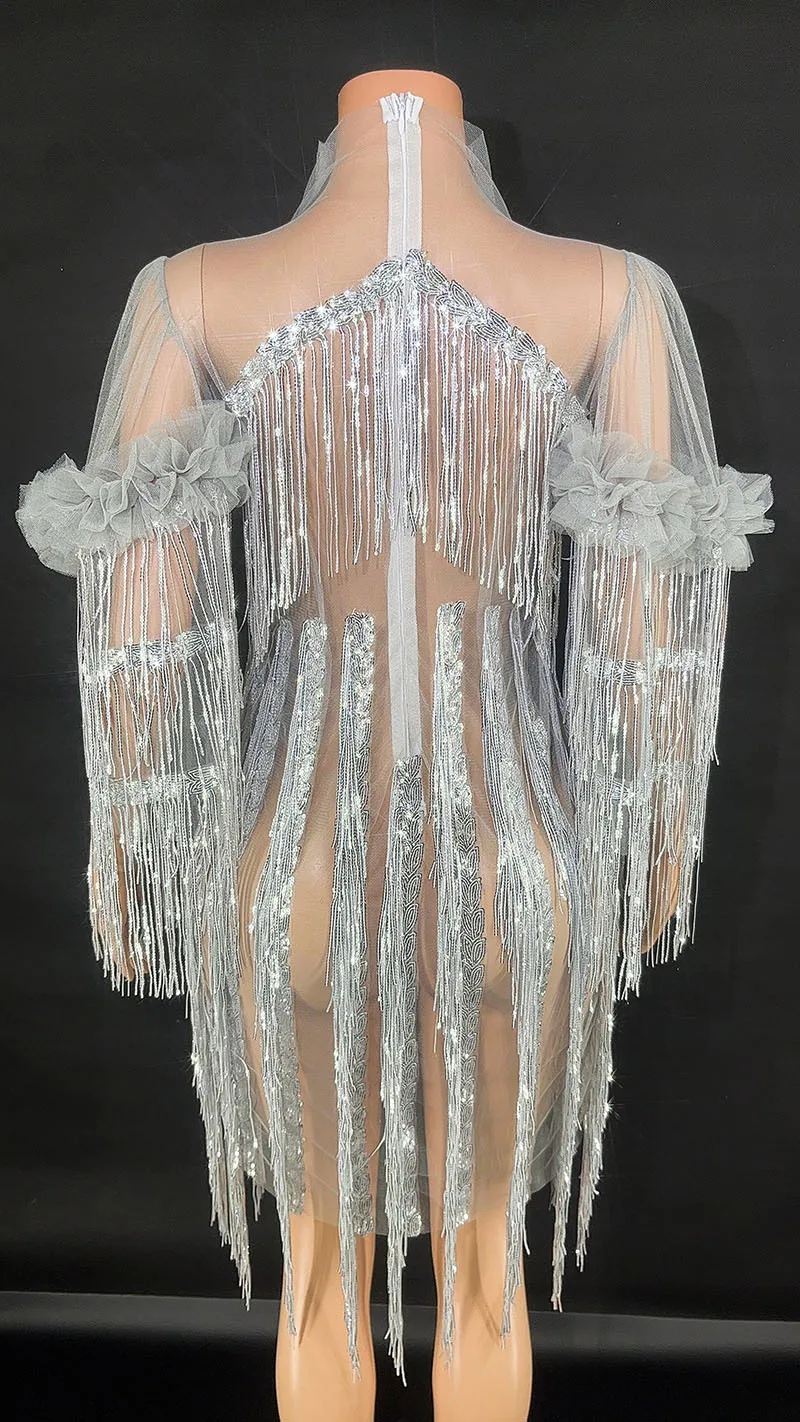 Vestido ajustado de lentejuelas transparentes con cadena de borlas de encaje de malla de hombro alto personalizado, vestido Sexy para fiesta de cumpleaños, vestido de actuación