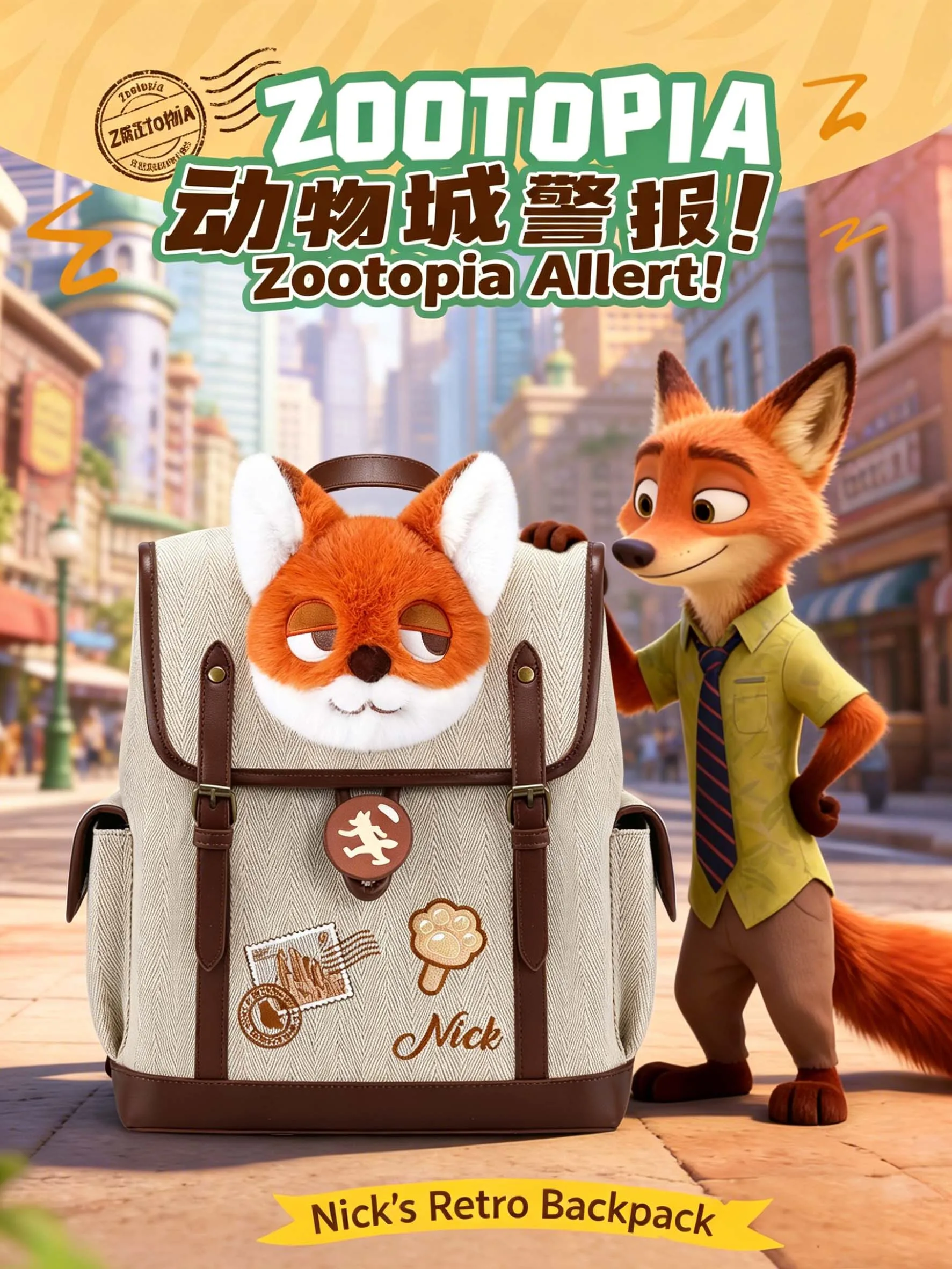 

Official Licensed Disney Zootopia Nick Wilde Judy Hopps Vintage Backpack Cute 3D Plush Large Capacity Casual Daily School Travel