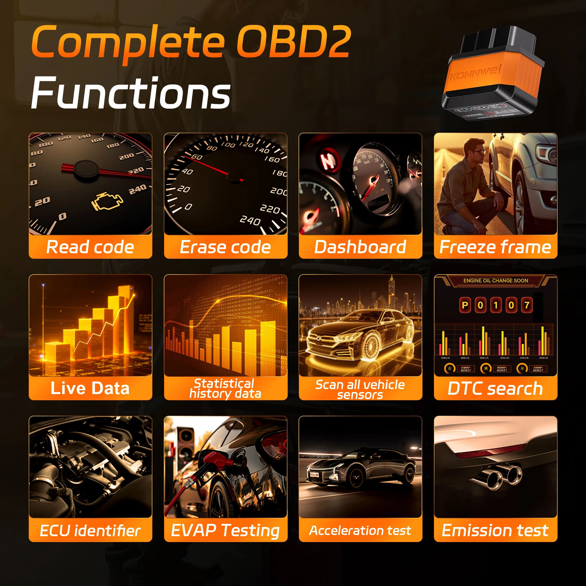 Picture 3: KONNWEI KW905 ELM327 OBD2 Scanner Bluetooth 5.0 Engine Fault Scanner Tool OBDII Code Reader Diagnostic Tool for Android/IOS