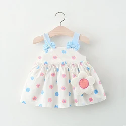 Summer New Blue Bow Baby Girl Dress, Small Floral Children'S Clothing With Free Bag (9 Months -3 Years Old)