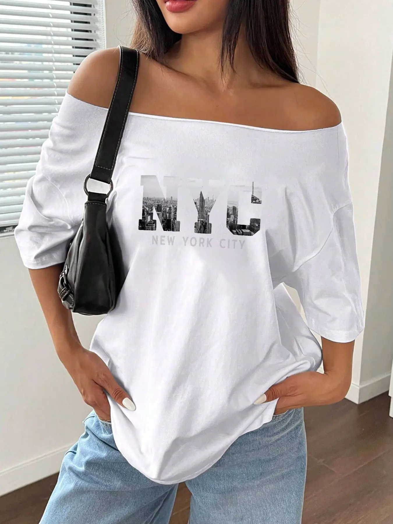 

Plus Size 100% Cotton Shoulder Loose Print T-Shirt Oversized Y2K Style Graphic Tees Women Tops Summer Off The Shoulder Top NY
