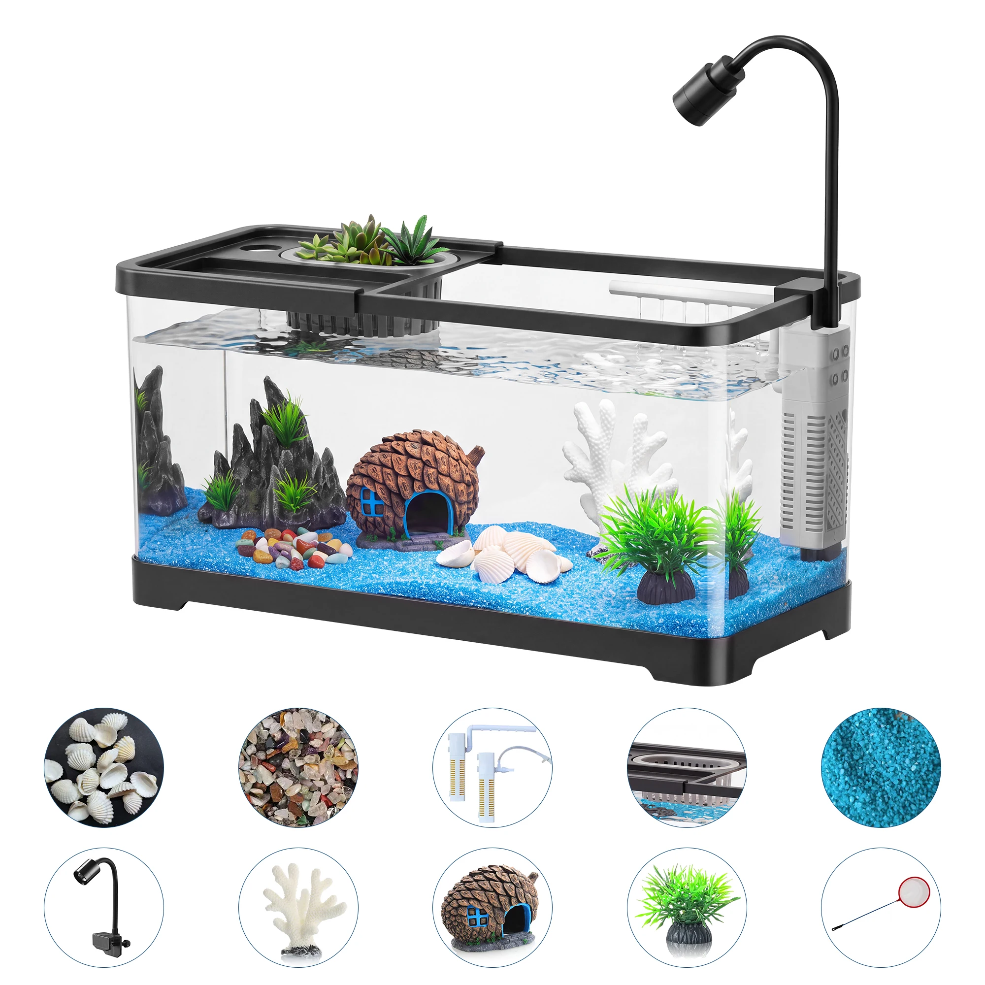 5.5 Gallon Fish Tank Starter Kit with Filter LED Light and Hydroponic ...