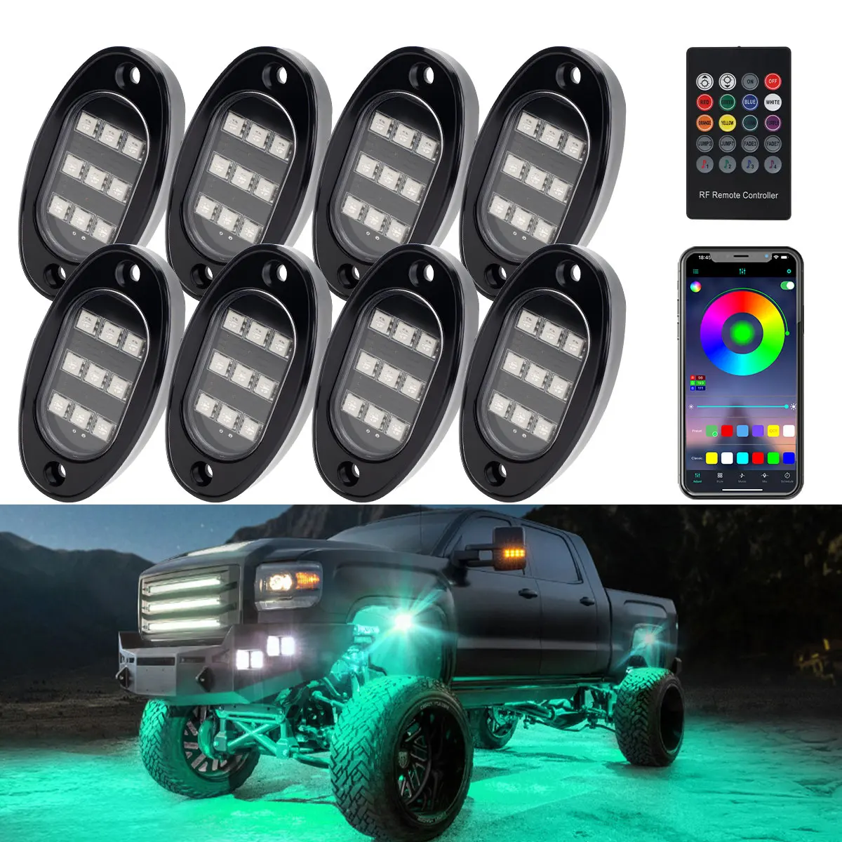 4/8/10 in 1 RGB Car LED Rock Light APP Control Music Neon Car Underglow Chassis Light for Pickup Off Road Jeep SUV ATV UTV Car