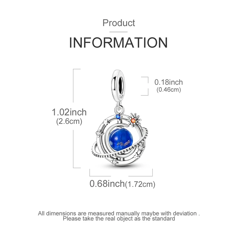Indigo Blue 925 Sterling Silver Rotating Luminous Planet Pendant Fit Brand Bracelet Neutral Style Universe Enthusiast Jewelry