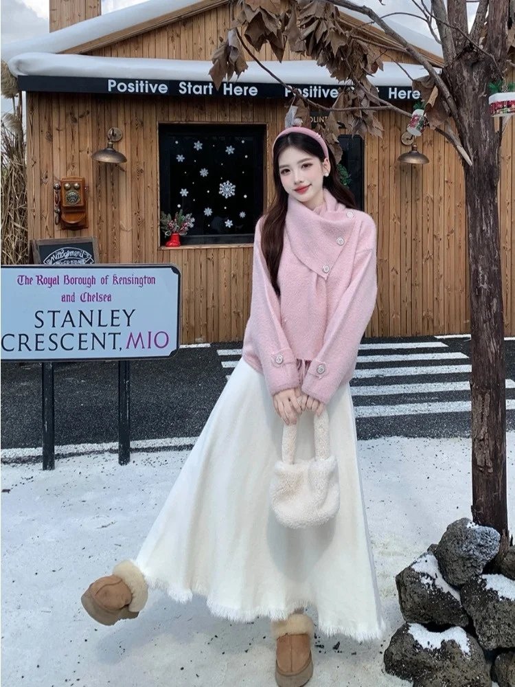 

plus Size Women's Sweater Coat with Scarf Fauna Velvet High Waist Skirt Set Autumn Winter Faion Korean Sle Outfit