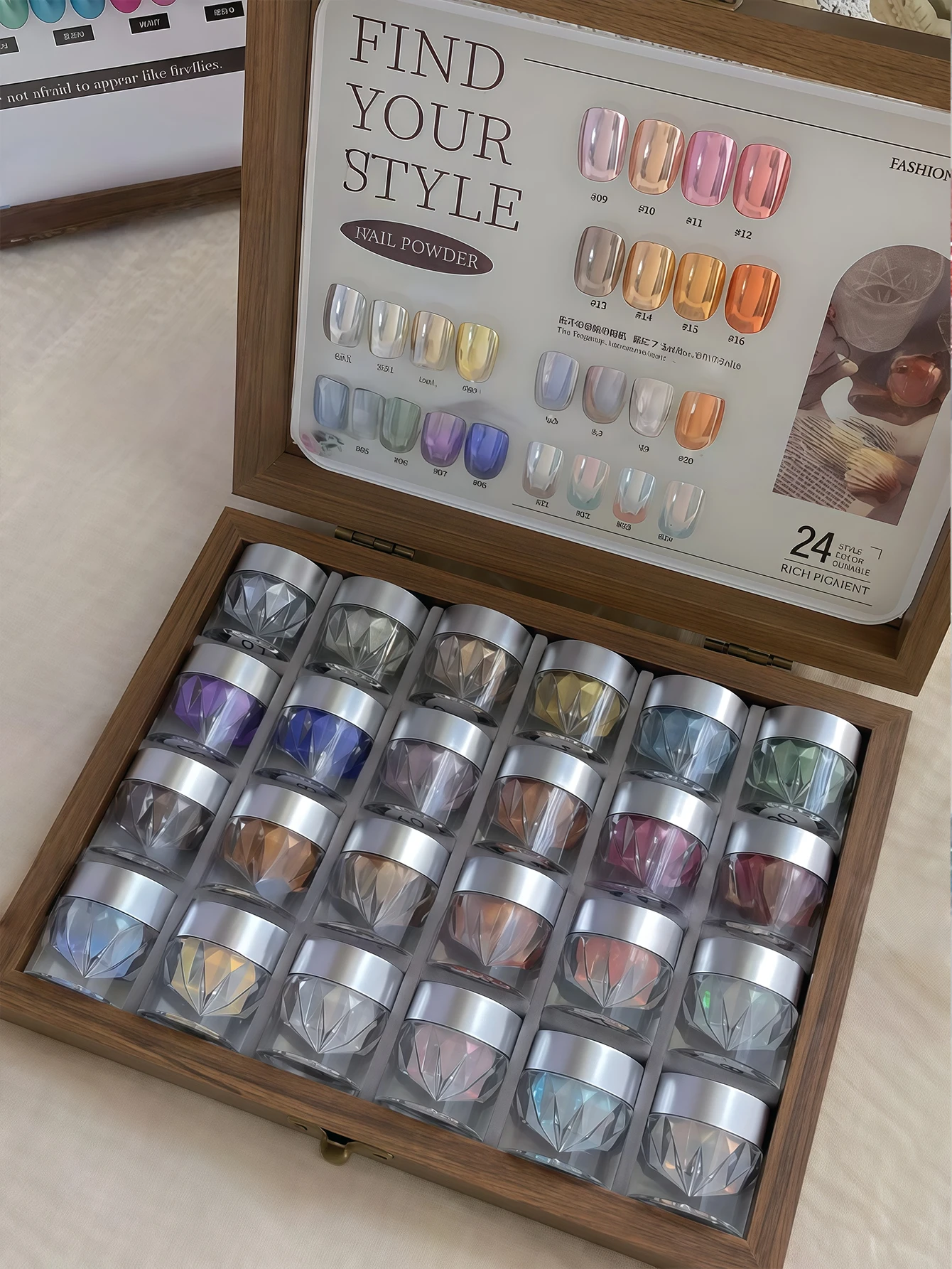 

Набор пудры для дизайна ногтей с пустой белой карточкой и коробкой для хранения, высококачественная 24-цветная волшебная зеркальная пудра с лунным светом, ультратонкая пудра, h