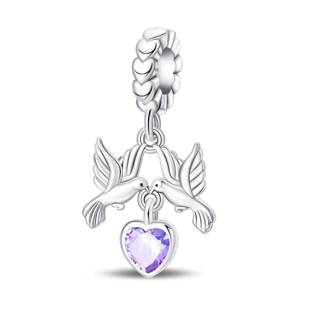 Hummingbird Pair Purple Heart Dangle Fit Original 925 Charms Bracelet Beads Sweet Togetherness Love Jewelry Gifts for Women