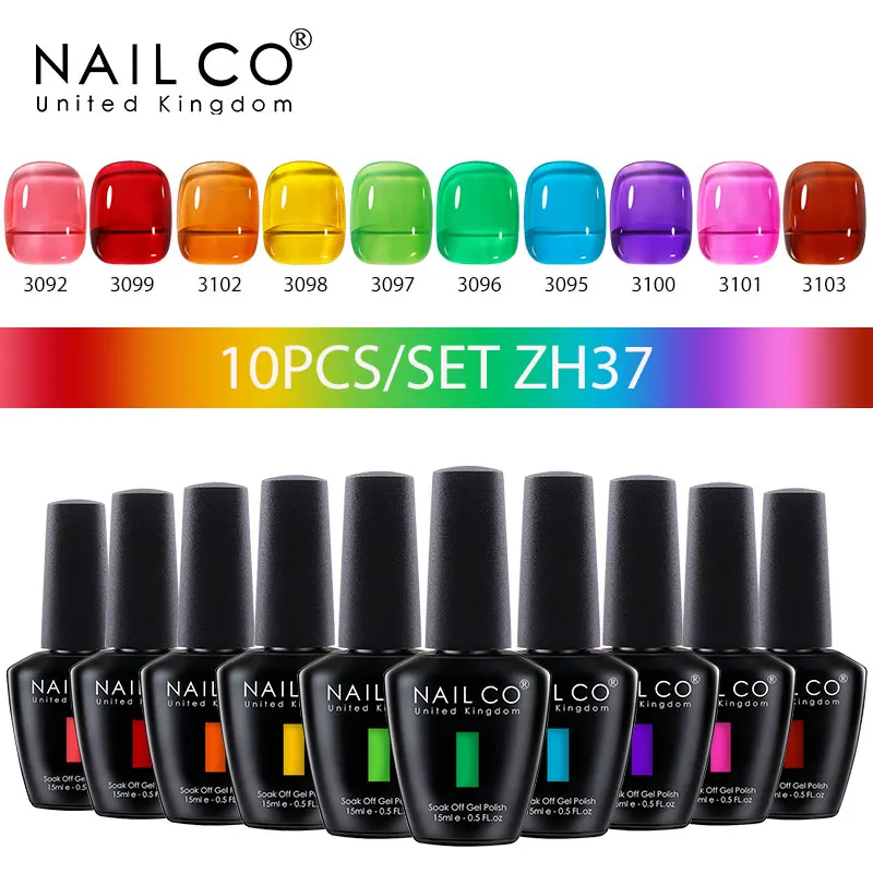 

NAILCO 15ml 10pcs/Set Translucent Color UV Gel Nail Polish Semi Permanant Extension Nail Art Soak Off Gel Varnish Lacquer Vernis