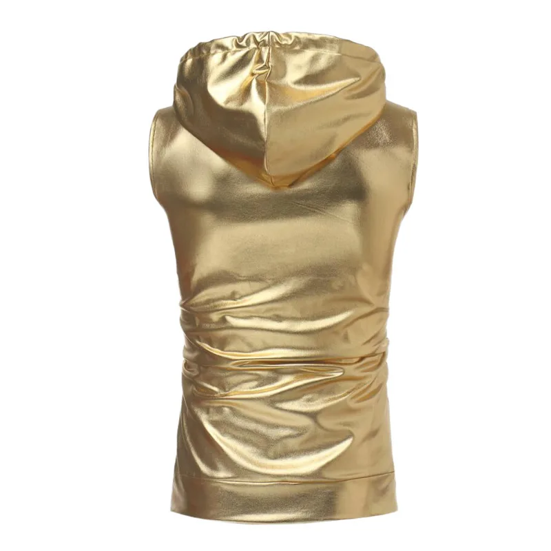 #4138 Gold Silver Black Tank Top Men Summer Plus Size Hooded Vest Zipper Streetwear Shinny Sleeveless Tshirt Man Dance Hip Hop