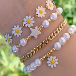 Yungqi 4pcs/set Trendy Daisy Star Beaded Bracelet Set For Women Charm Chain Adjustable Bracelet Party Femme Stretch Rope Jewelry