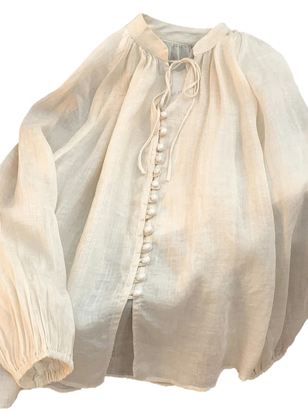 芸術的なコットンリネンランタンスベール女性用ゆったり軽量サマーアウターリネン日焼け止めオープンカーディガン トップス